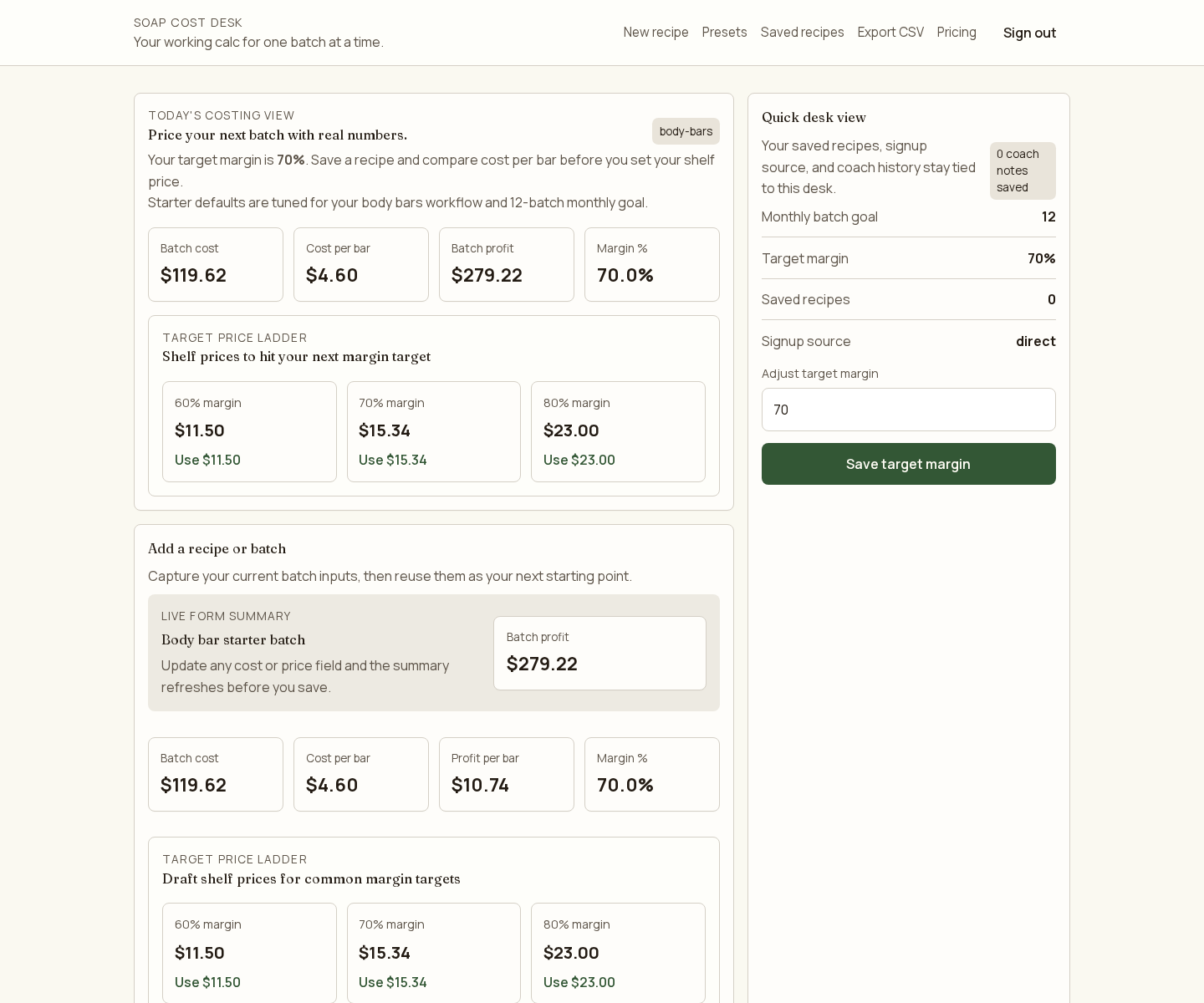 Soap Cost Desk live recipe calculator and saved recipe desk